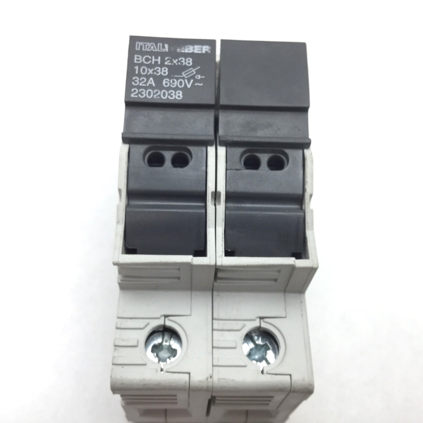 Used ItalWeber BCH2x38 Fuse Holder, 2-Pole, 10x38, Rating: 32A 690VAC, DIN Rail