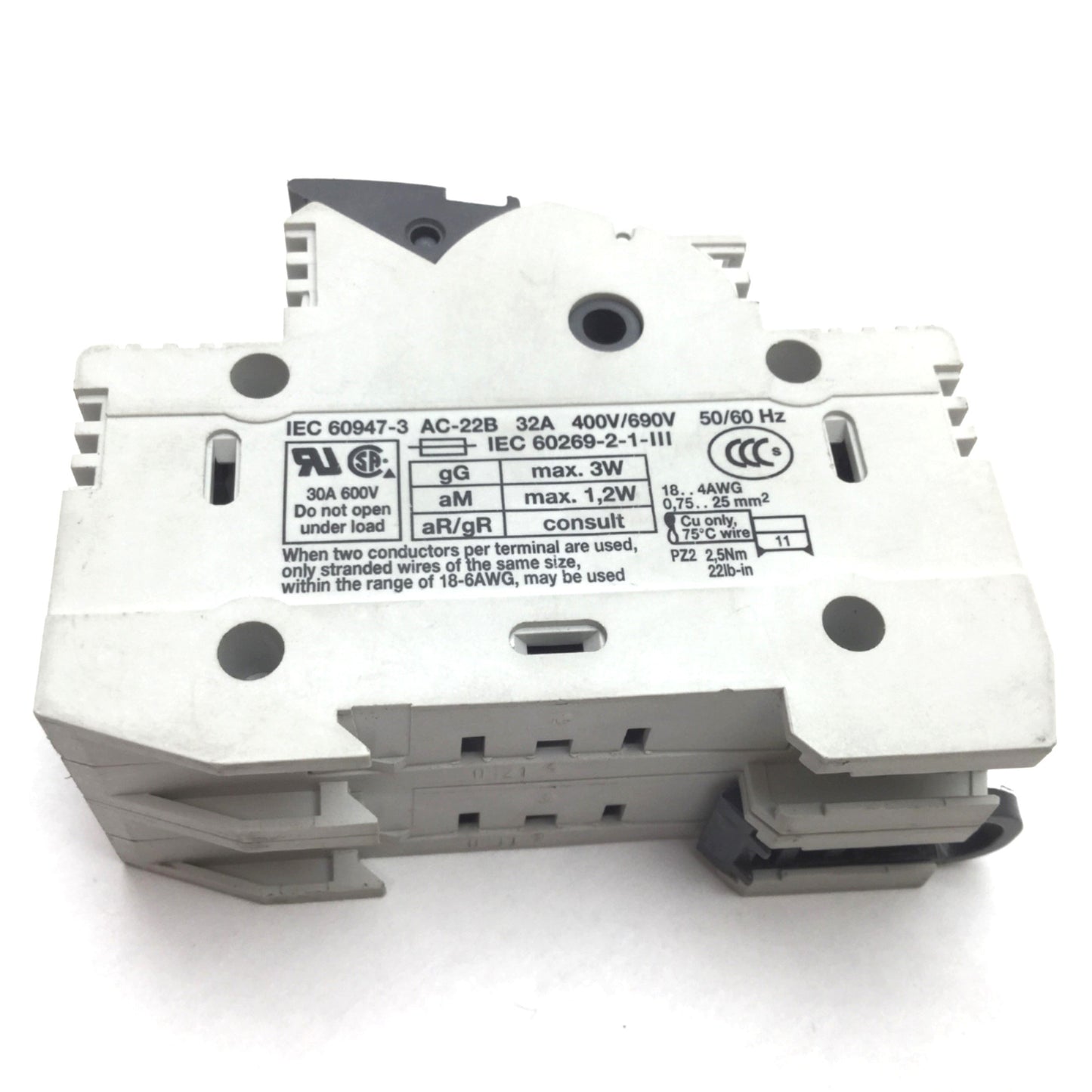 Used ItalWeber BCH2x38 Fuse Holder, 2-Pole, 10x38, Rating: 32A 690VAC, DIN Rail