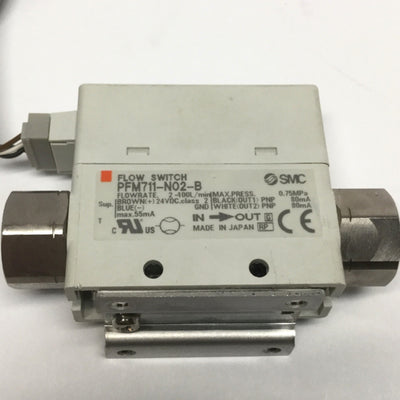 Used SMC PFM711-N02-B Digital Flow Switch, 24VDC, 2-100 L/min Rate, 1/4" NPT, PNP