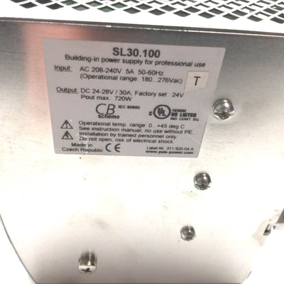 Used PULS SL30.100 Power Supply, Input: 208-240VAC 50-60Hz 10A, Output: 24VDC 30A