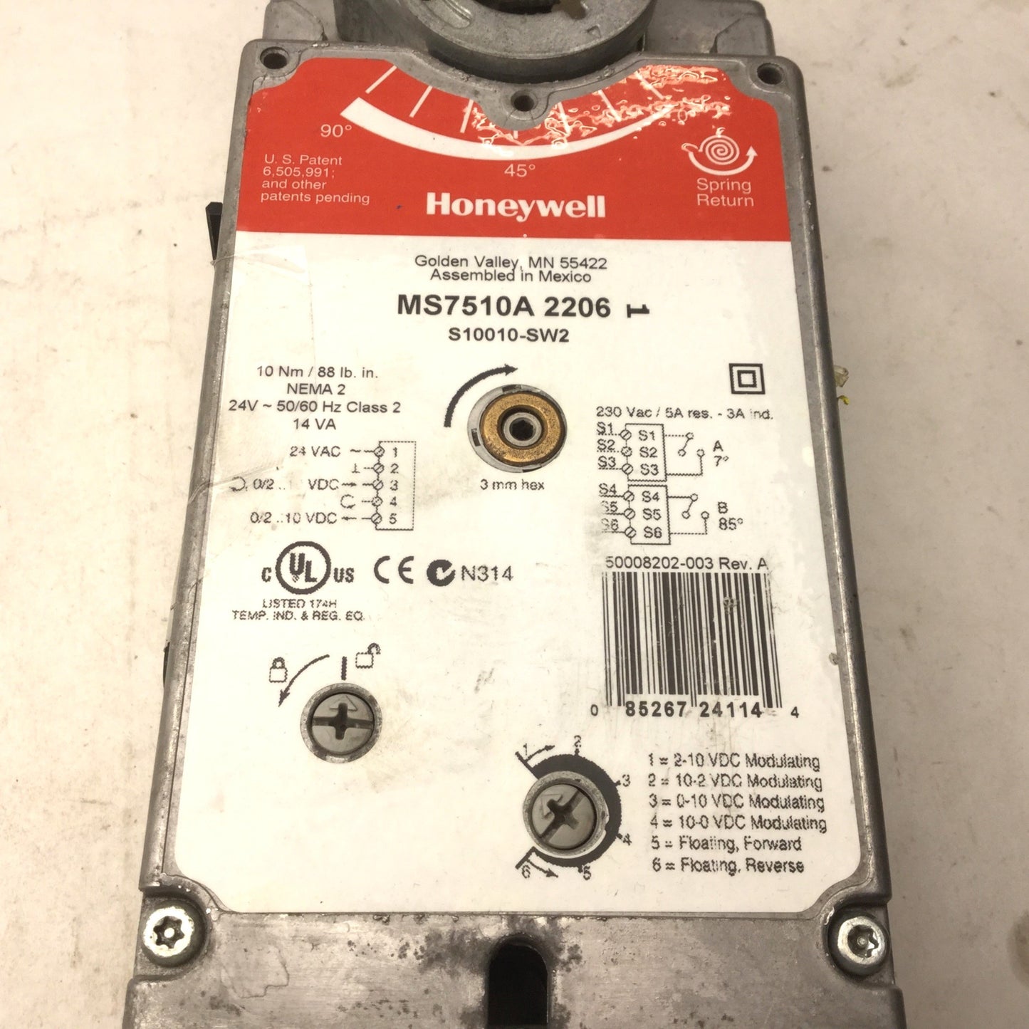Used Honeywell MS7510A 2206 Two Position Damper Actuator, 24VAC, 88 lb-in