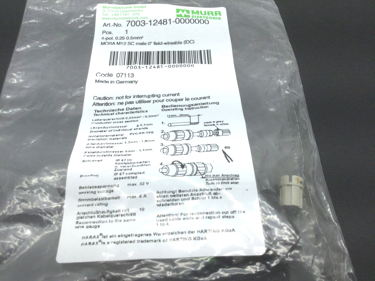 New Lot of 2 Murr 7003-12481-0000000 MOSA M12 SC Male Field-Wireable IDC 4-Pole