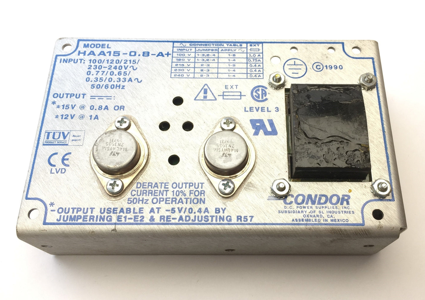 Used Condor HAA15-0.8-A+ Power Supply Input: 100/120/215/230-240VAC, Output: 12-15VDC