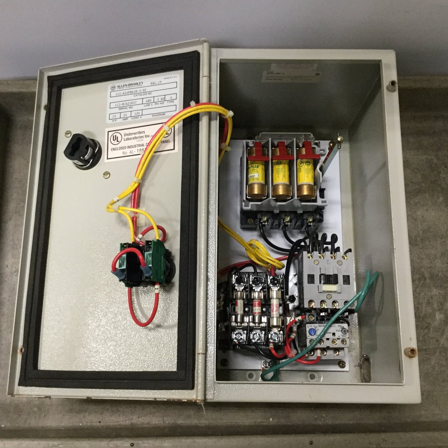 Used Allen Bradley 112-A24FBA1H-3-6P Starter 3-Phase 480V 15HP 350mm x 200mm x 210mm