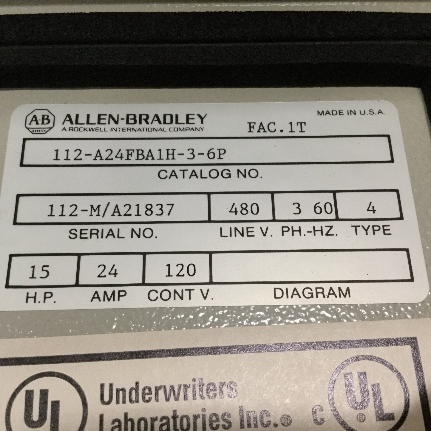 Used Allen Bradley 112-A24FBA1H-3-6P Starter 3-Phase 480V 15HP 350mm x 200mm x 210mm