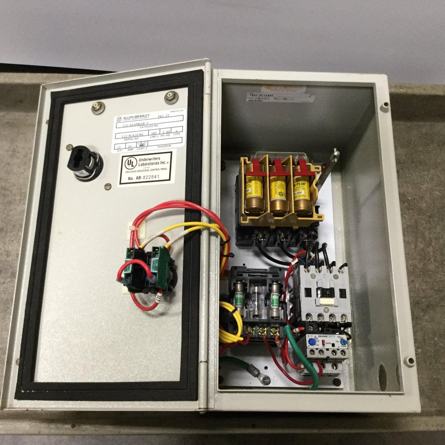 Used Allen Bradley 112-A24FBA1H-3 Starter, 3-Phase 480V 15HP, 350mm x 200mm x 210mm