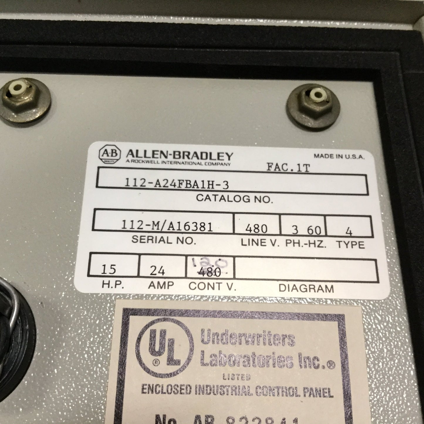 Used Allen Bradley 112-A24FBA1H-3 Starter, 3-Phase 480V 15HP, 350mm x 200mm x 210mm