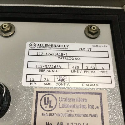 Used Allen Bradley 112-A24FBA1H-3 Starter, 3-Phase 480V 15HP, 350mm x 200mm x 210mm