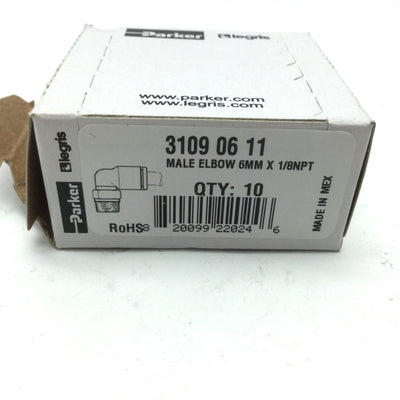 New – Open box Lot of 10 New Parker Legris 3109 06 11 Elbow Connector 90° 6mm Tube to 1/8" NPT