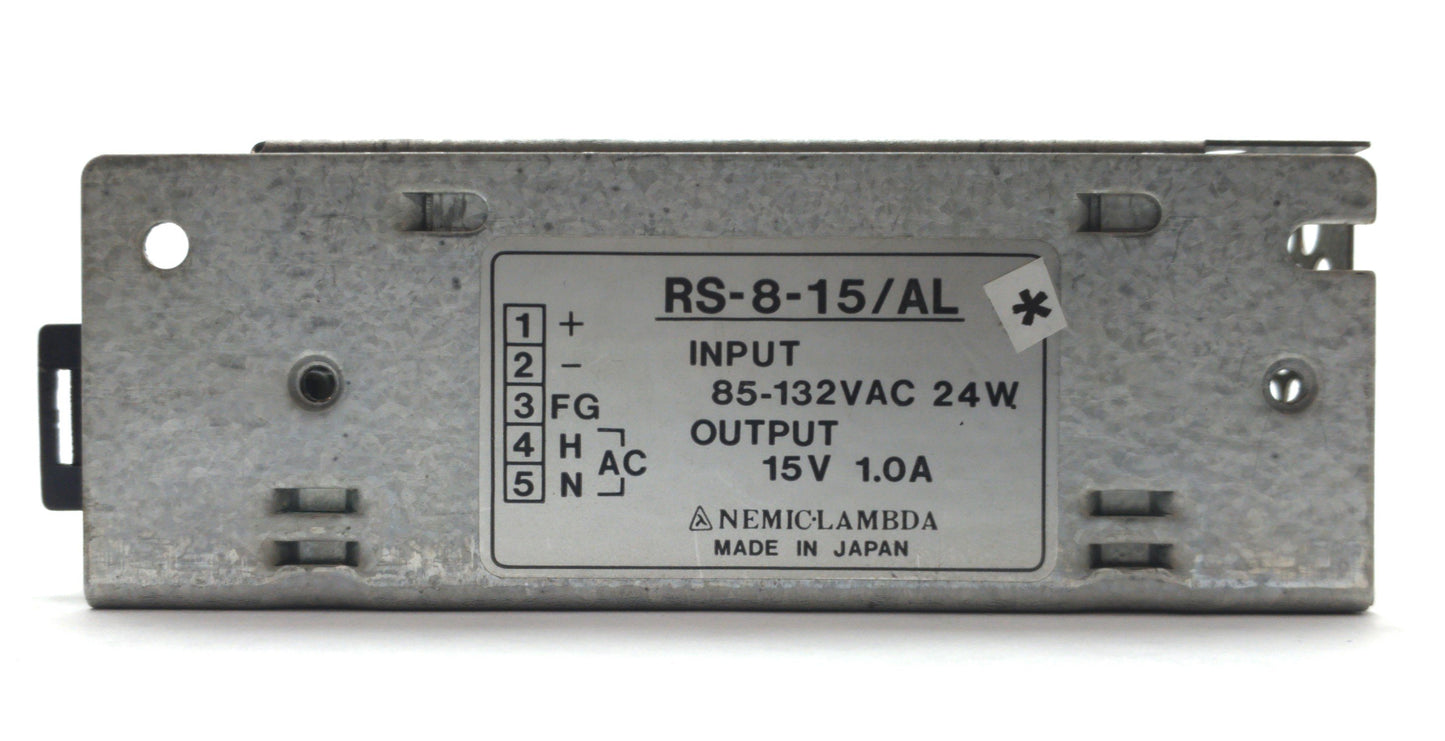 Used NEMIC-LAMBDA RS-8-15/AL DC Power Supply, Output: 15VDC 1A, Input: 85-132VAC