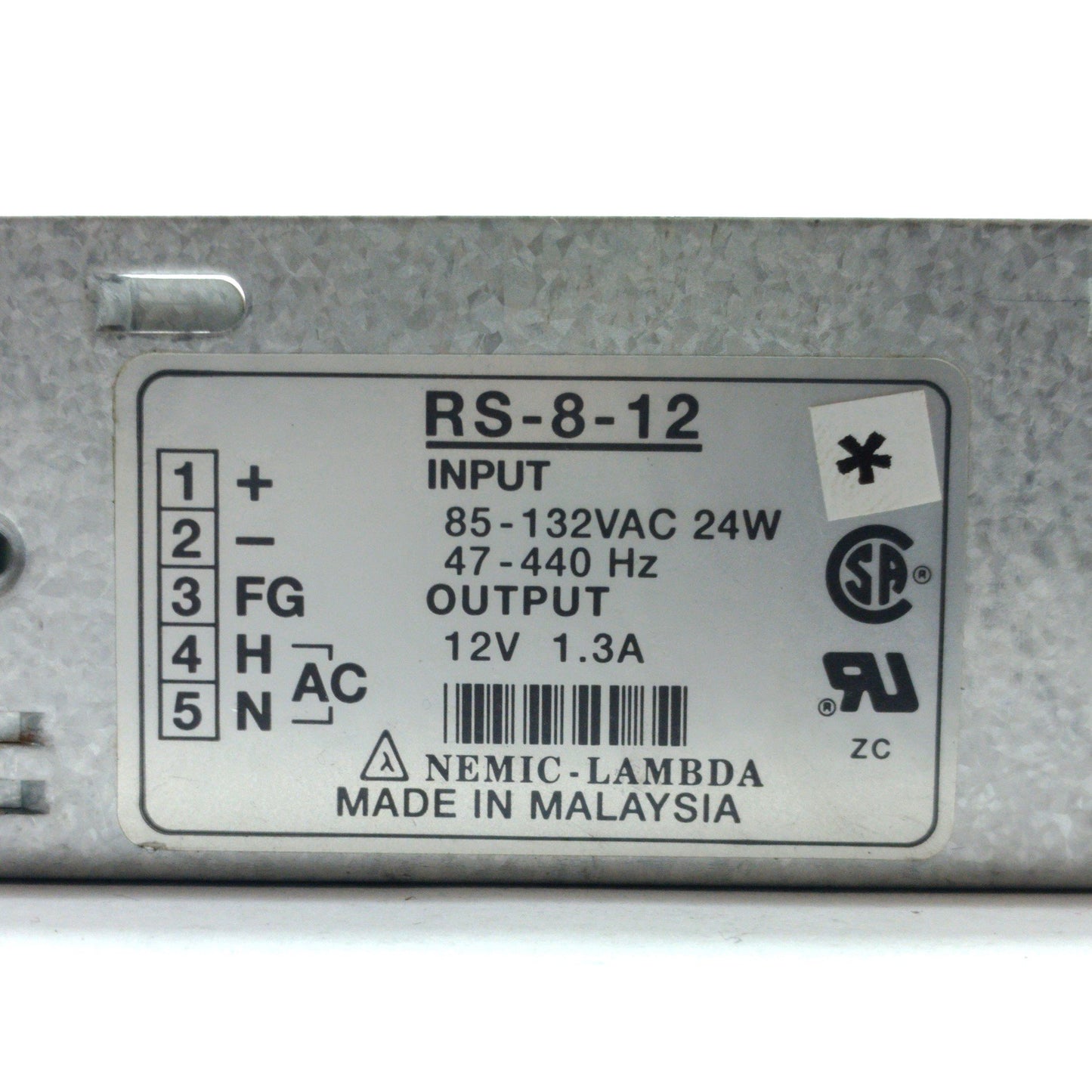 Used NEMIC-LAMBDA RS-8-12 DC Power Supply, Output: 12VDC 1.3A, Input: 85-132VAC