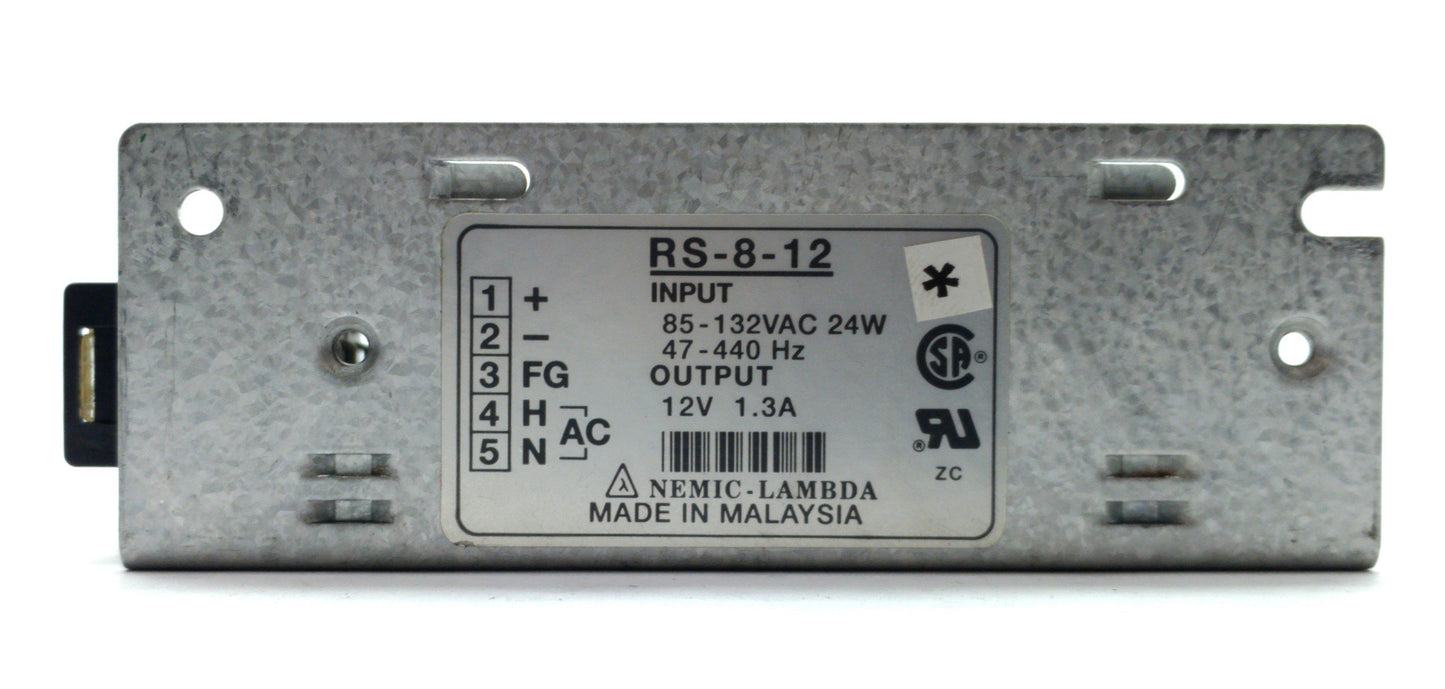 Used NEMIC-LAMBDA RS-8-12 DC Power Supply, Output: 12VDC 1.3A, Input: 85-132VAC
