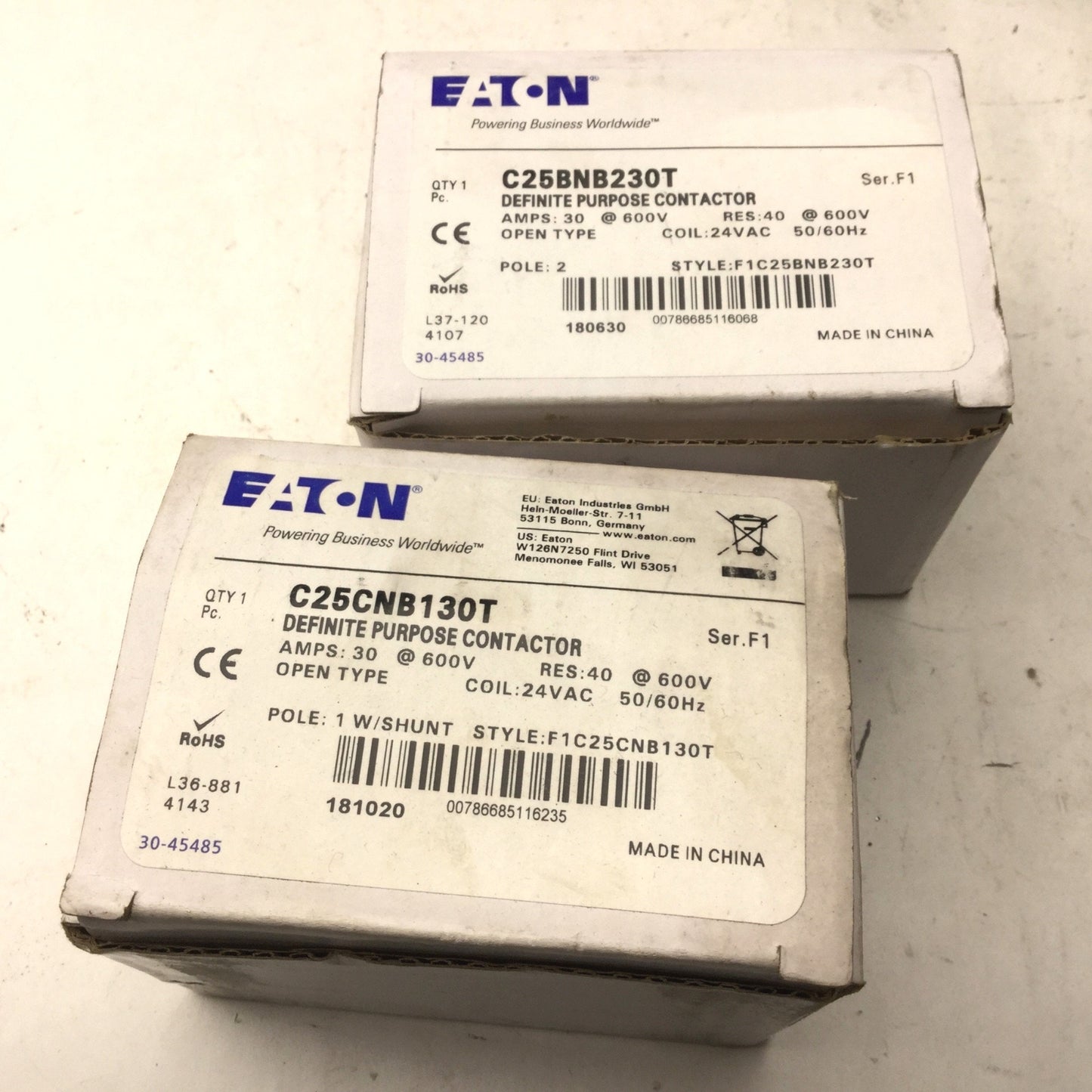 Used Lot of 2 New Eaton Definite Purpose Contactors C25BNB230T & C25BNB130T 30A 24VAC