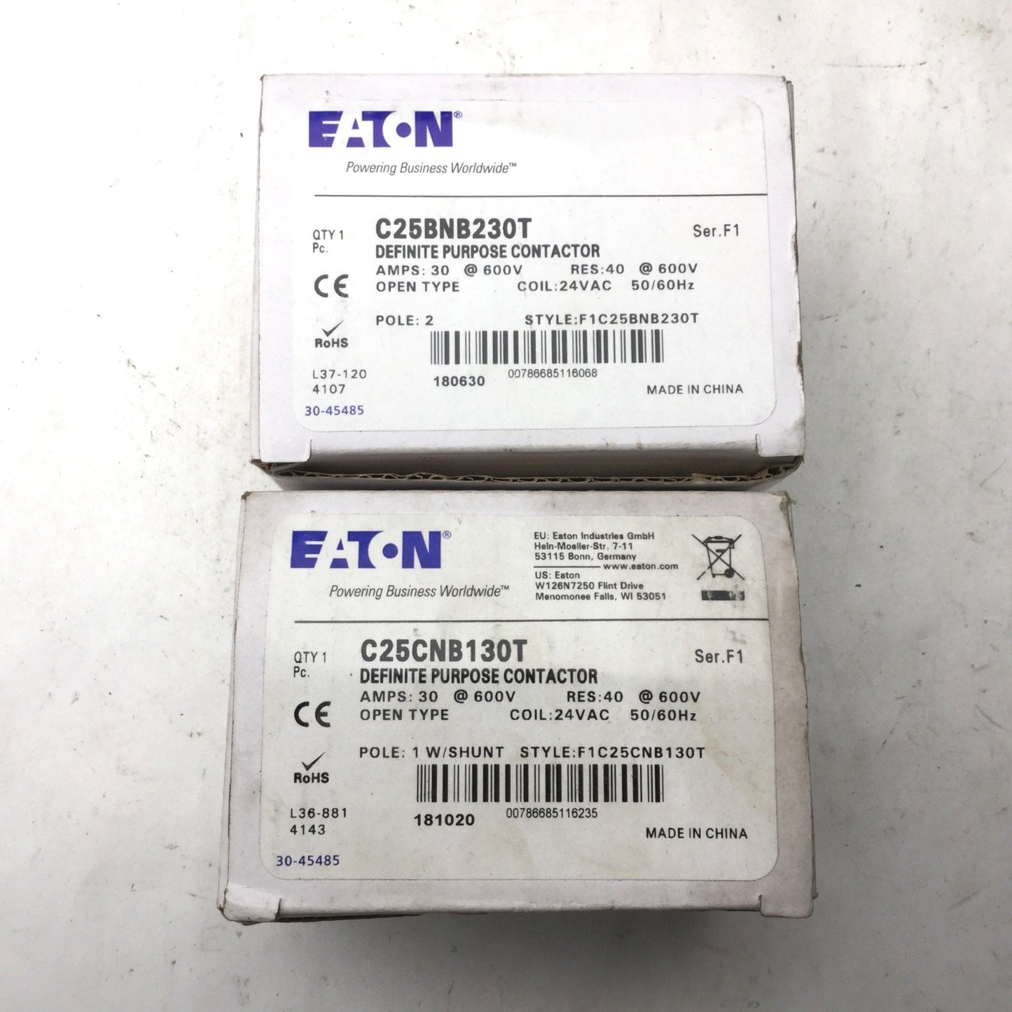 Used Lot of 2 New Eaton Definite Purpose Contactors C25BNB230T & C25BNB130T 30A 24VAC