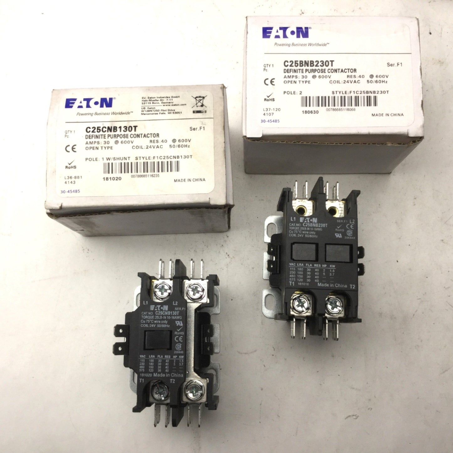 Used Lot of 2 New Eaton Definite Purpose Contactors C25BNB230T & C25BNB130T 30A 24VAC