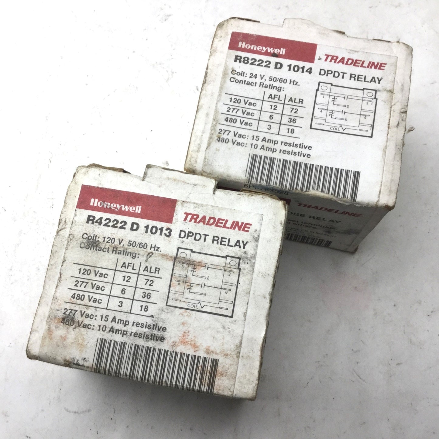 New – Open box Lot of 2 Honeywell General Purpose Relays, R4222 D 1013 & R8222 D 1014, 15A/10A