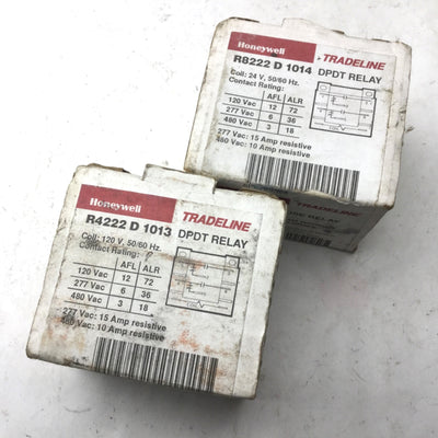 New – Open box Lot of 2 Honeywell General Purpose Relays, R4222 D 1013 & R8222 D 1014, 15A/10A