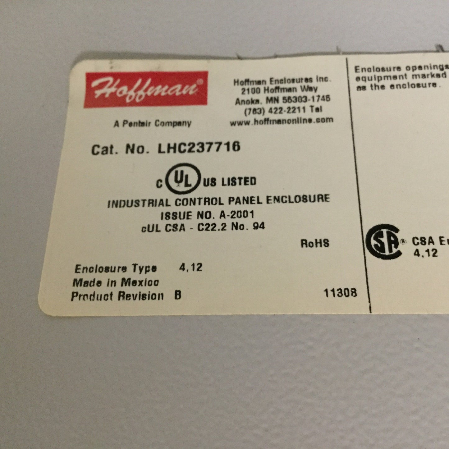 Used Hoffman LHC237716 Electrical Enclosure, 230mm x 770mm x 160mm, Steel, *Holes*