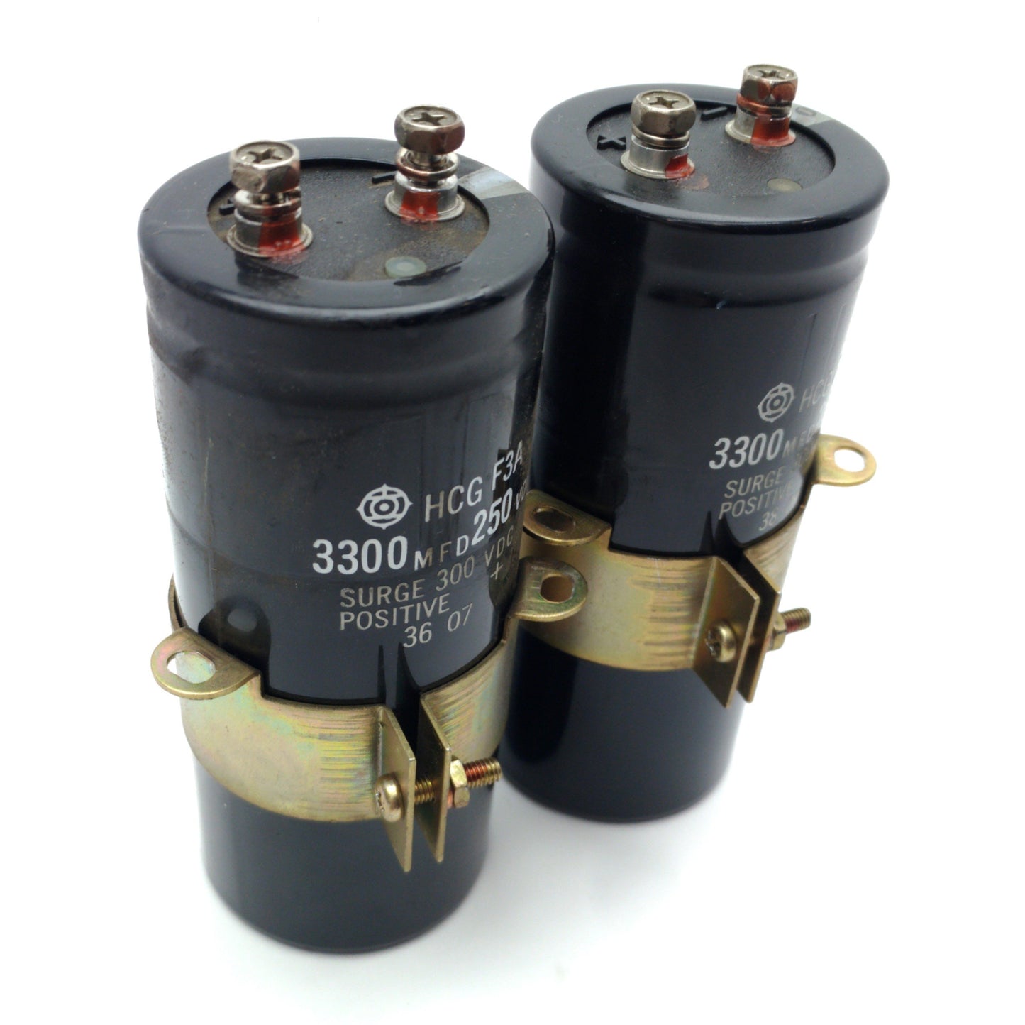 Used Lot of 2 Hitachi HCGF3A Capacitor, 3300μF, 250VDC, ø2 1/16 x 5 1/8" w/Bracket
