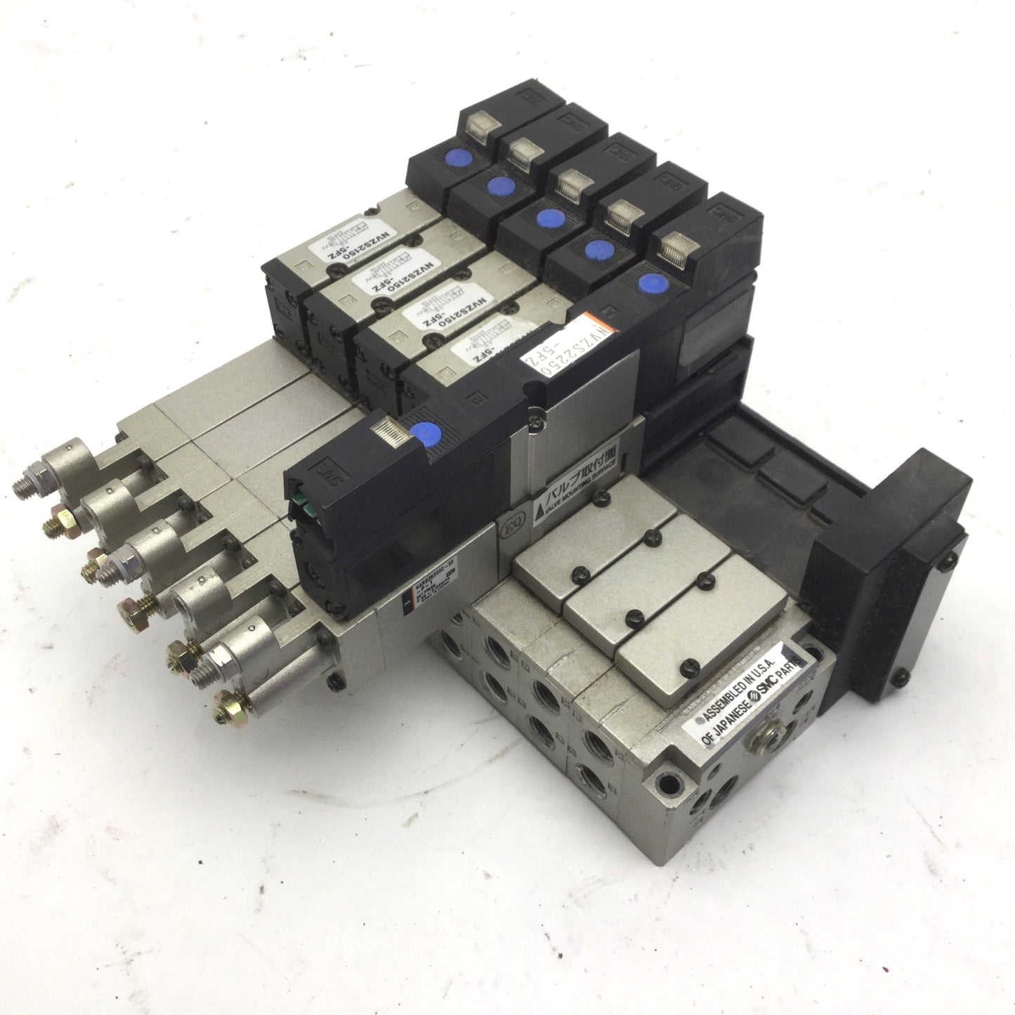 Used Bank of 5 SMC Solenoid Valves 4x NVZS2150-5FZ, NVZS2250-5FZ 5x NARBZS2000-00-P-1