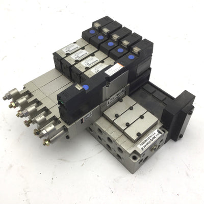 Used Bank of 5 SMC Solenoid Valves 4x NVZS2150-5FZ, NVZS2250-5FZ 5x NARBZS2000-00-P-1
