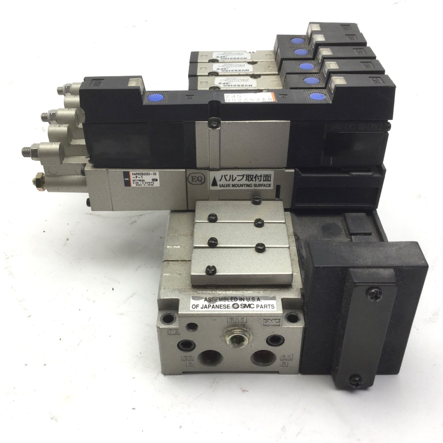 Used Bank of 5 SMC Solenoid Valves 4x NVZS2150-5FZ, NVZS2250-5FZ 5x NARBZS2000-00-P-1