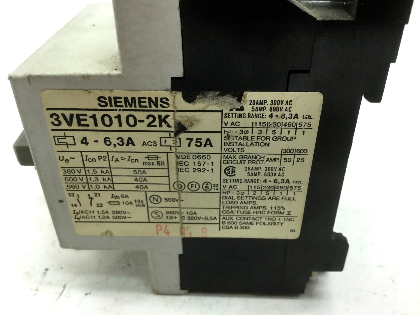 Used Siemens 3VE1010-2K Motor Starter Protector Circuit Breaker 4-6.3A 3-Pole