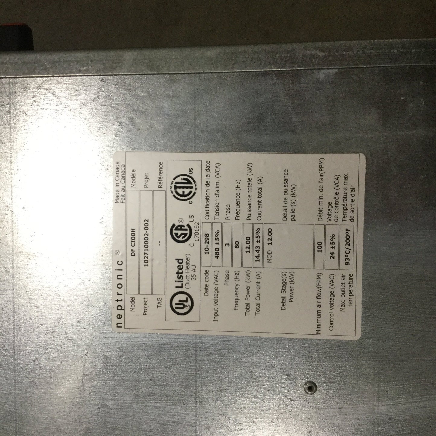 Used Neptronic DF CI00H Electric Duct Heater, 12KW, 14.43A, 480VAC, 3 Phase