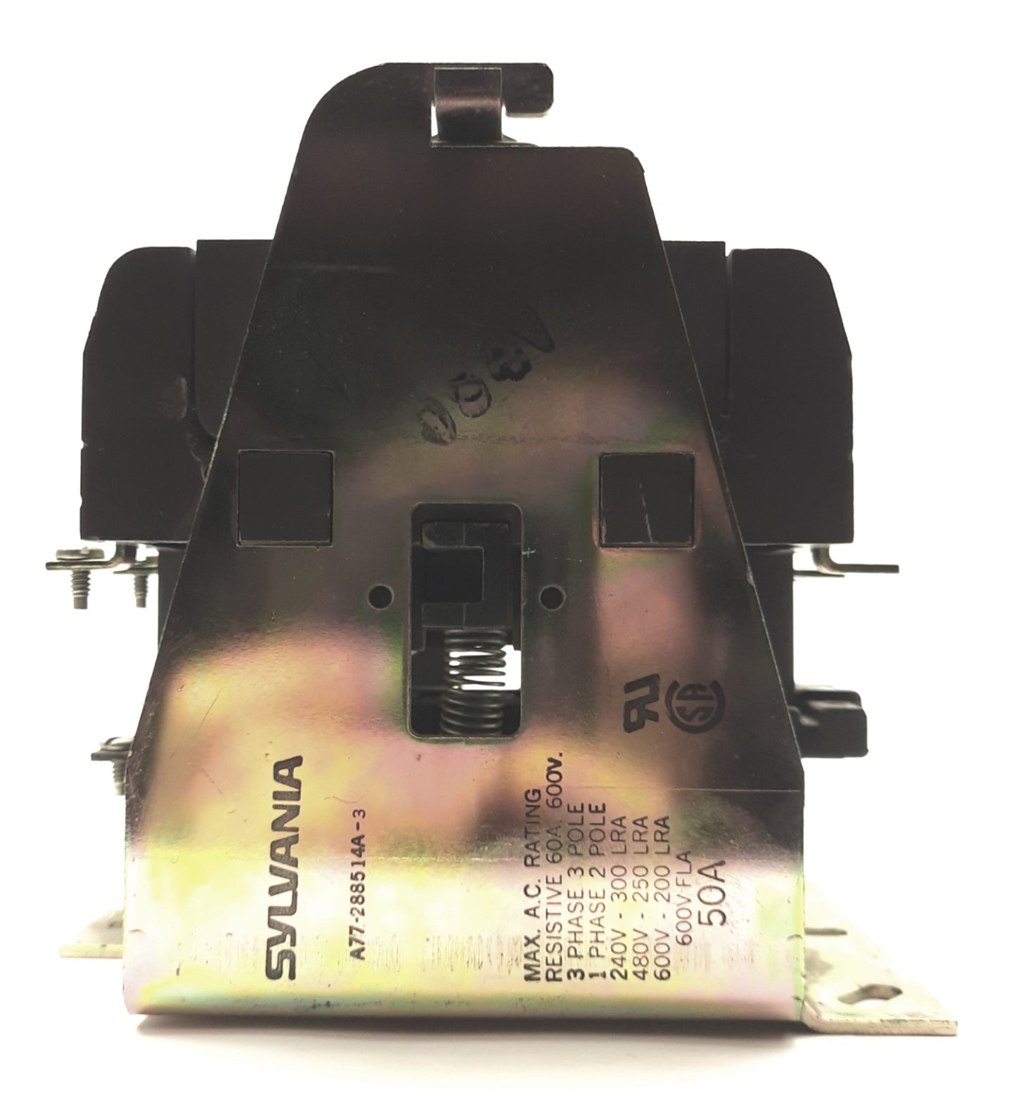 Used Sylvania A77-288514A-3 Contactor, 3-Pole, 600VAC 50A, 220VAC Coil, 5⅛ x 5 x 4"