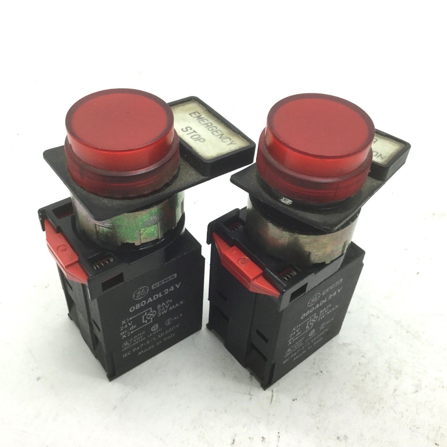 Used Lot of 2 General Electric 080ADL24V Red Pilot Lights, 24V AC/DC, 3W
