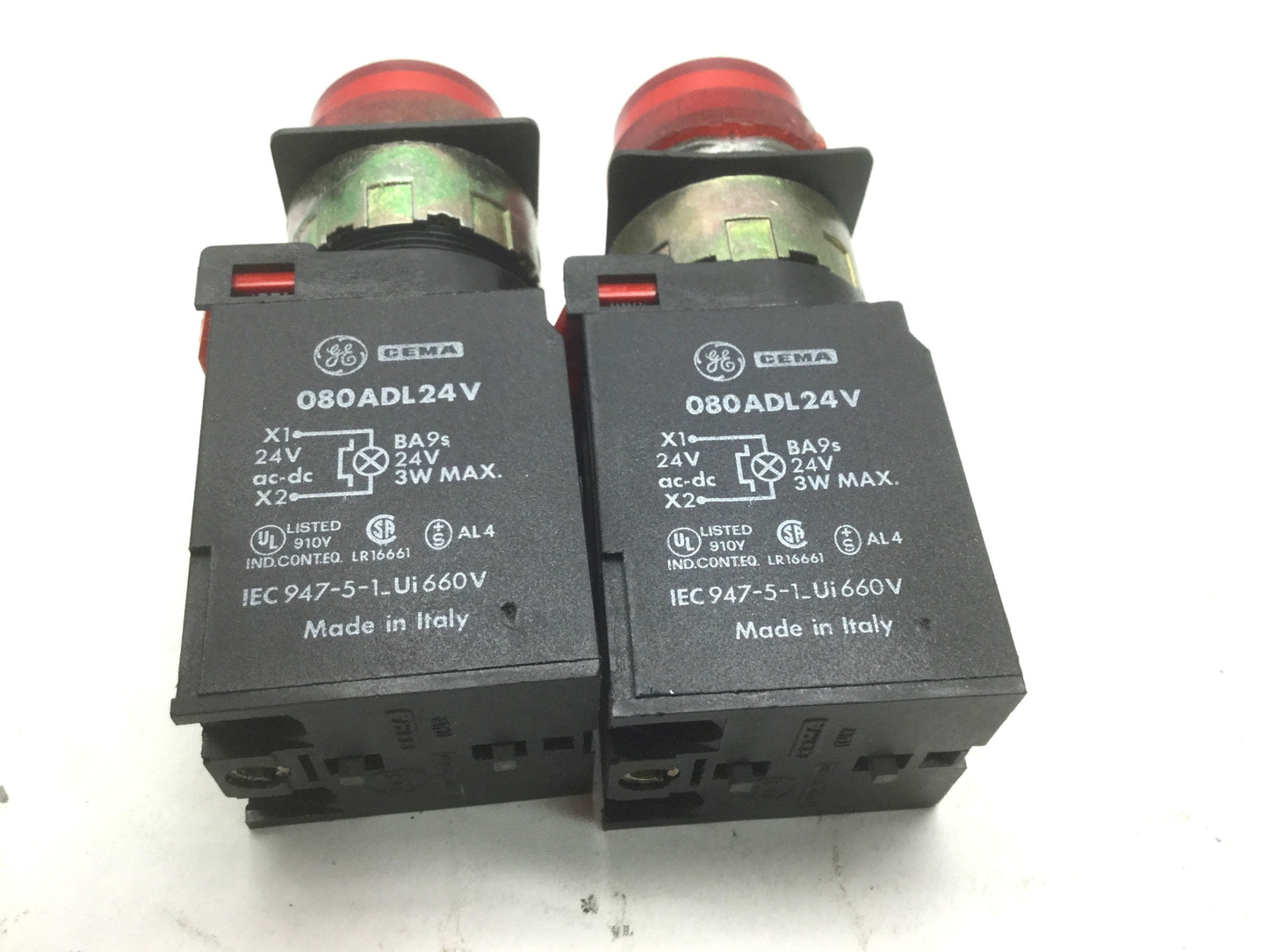 Used Lot of 2 General Electric 080ADL24V Red Pilot Lights, 24V AC/DC, 3W