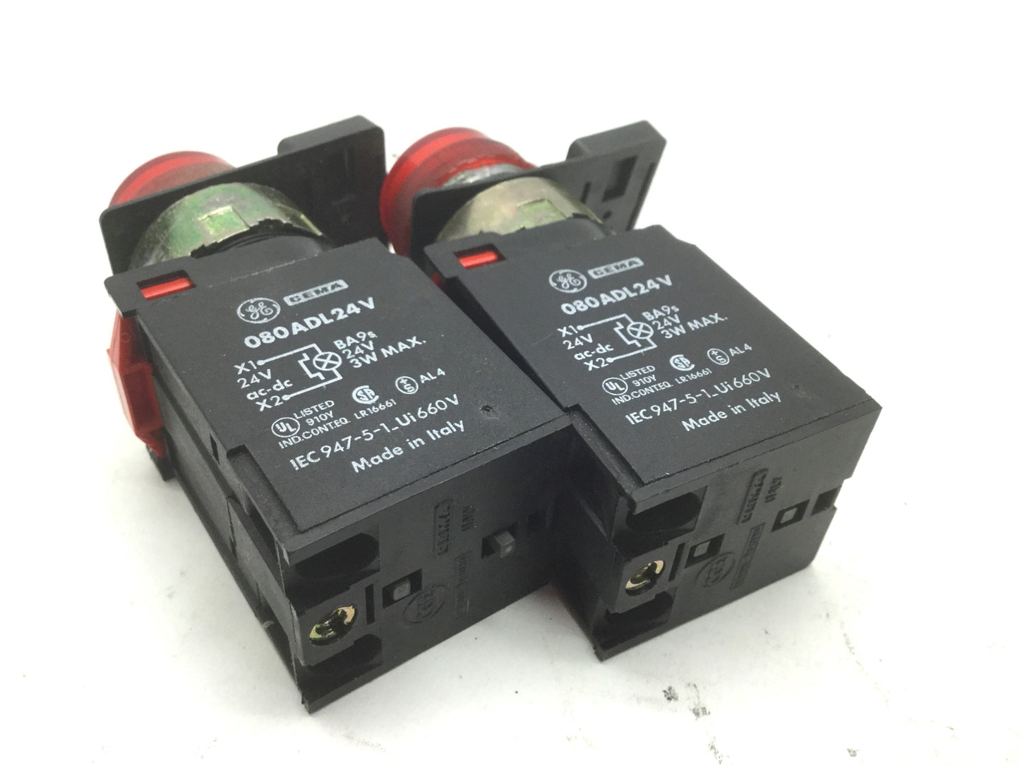 Used Lot of 2 General Electric 080ADL24V Red Pilot Lights, 24V AC/DC, 3W