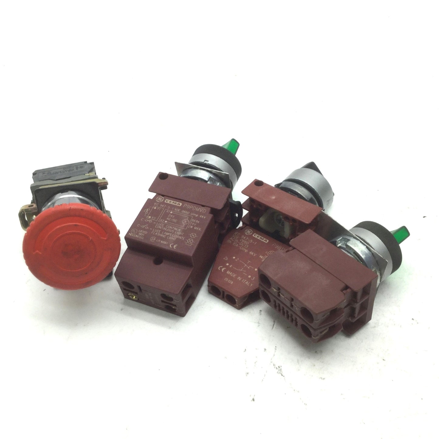 Used Lot of 2 Selector Switches, 1 Green Pilot light (Switch), and 1 Estop