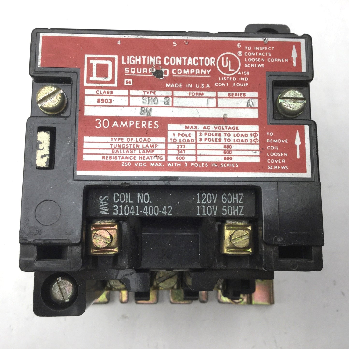 Used Square D SM0-2 Lighting Contactor 3 Pole, 110-120VAC Coil, 30A, Series A