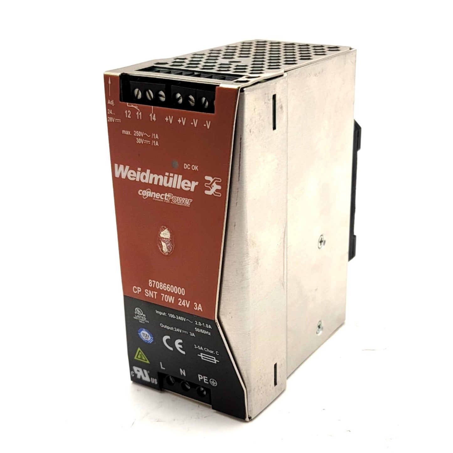 Used Weidmuller CP-SNT-70W-24V-3A Switch Mode Power Supply In: 100-240VAC Out: 24VDC
