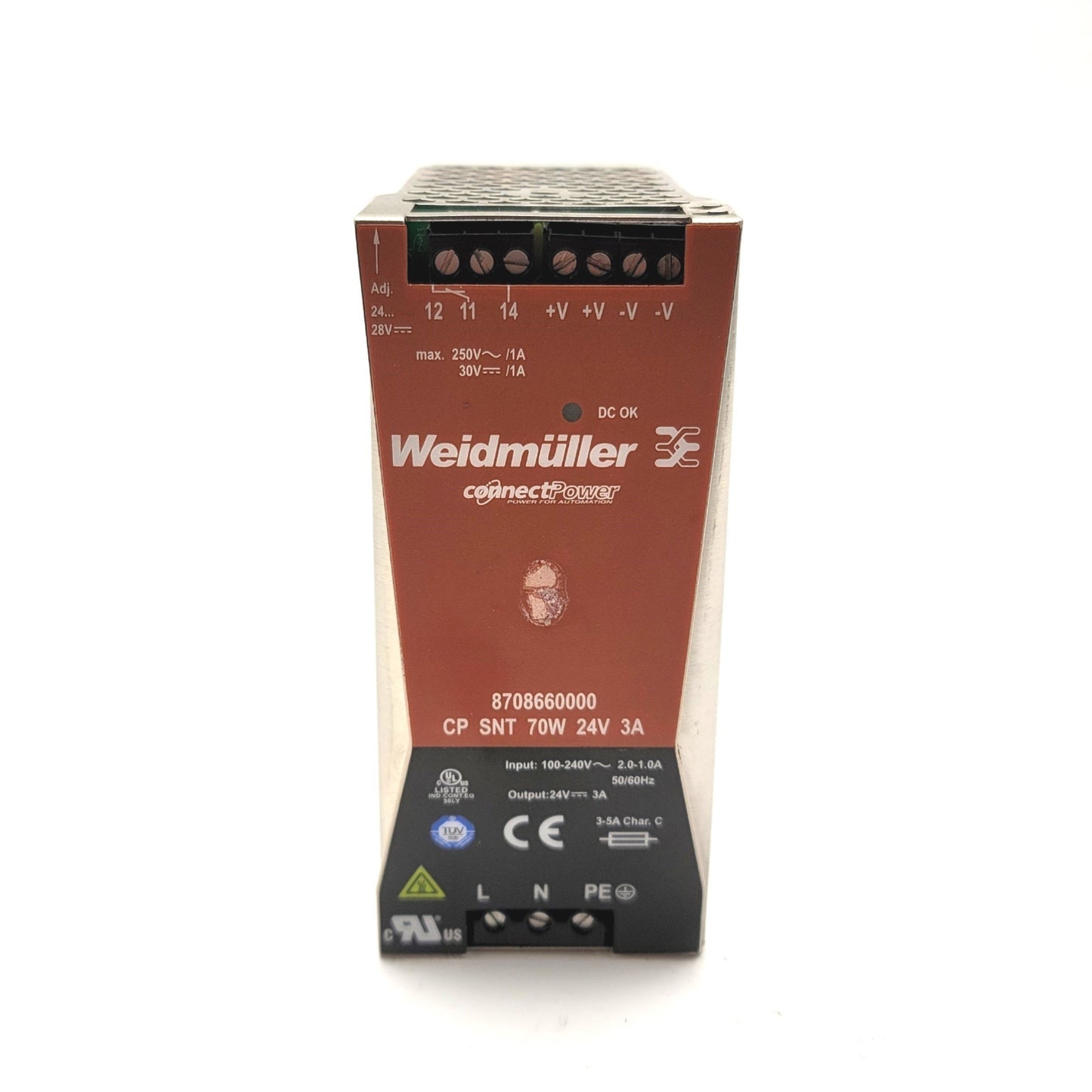 Used Weidmuller CP-SNT-70W-24V-3A Switch Mode Power Supply In: 100-240VAC Out: 24VDC