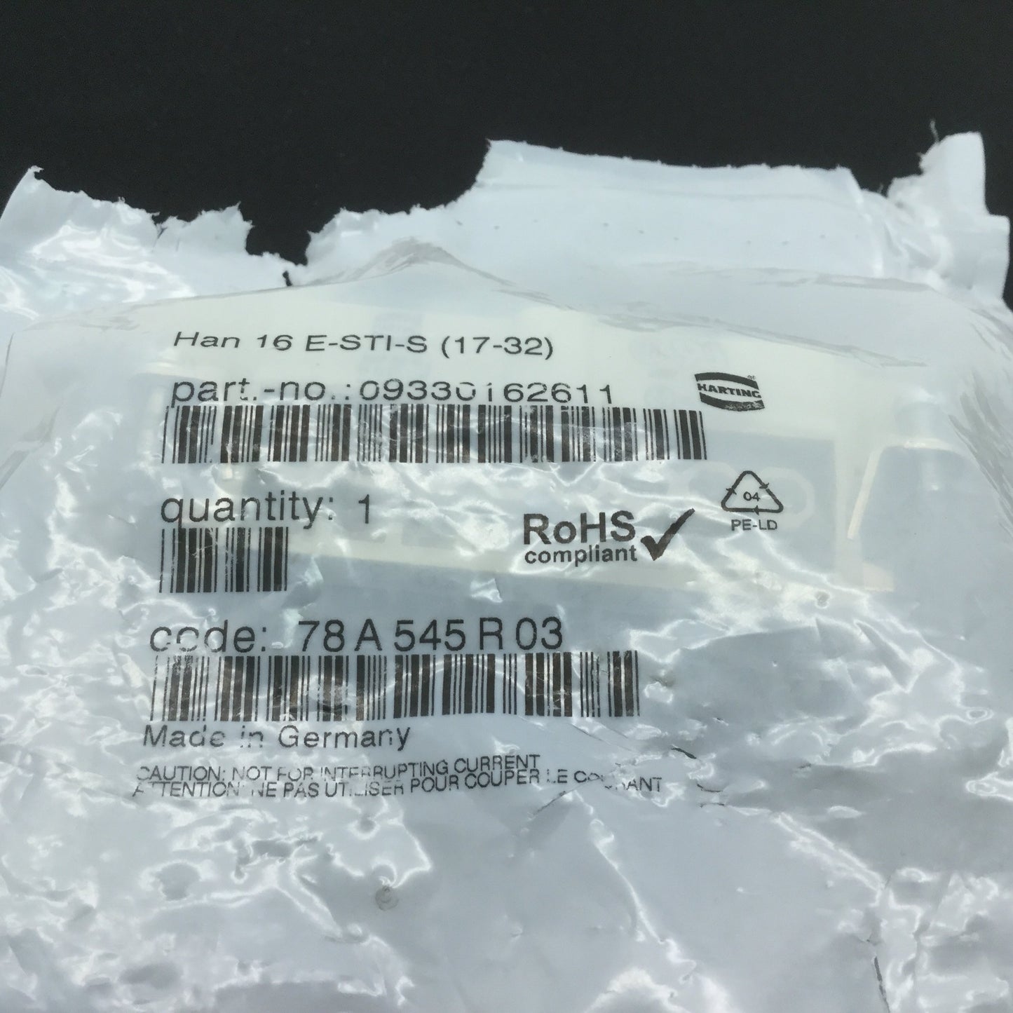 Used Harting HAN 16 E-BU-S Female and 16 E-STI-S Male Screw Terminal Inserts 16-Pin
