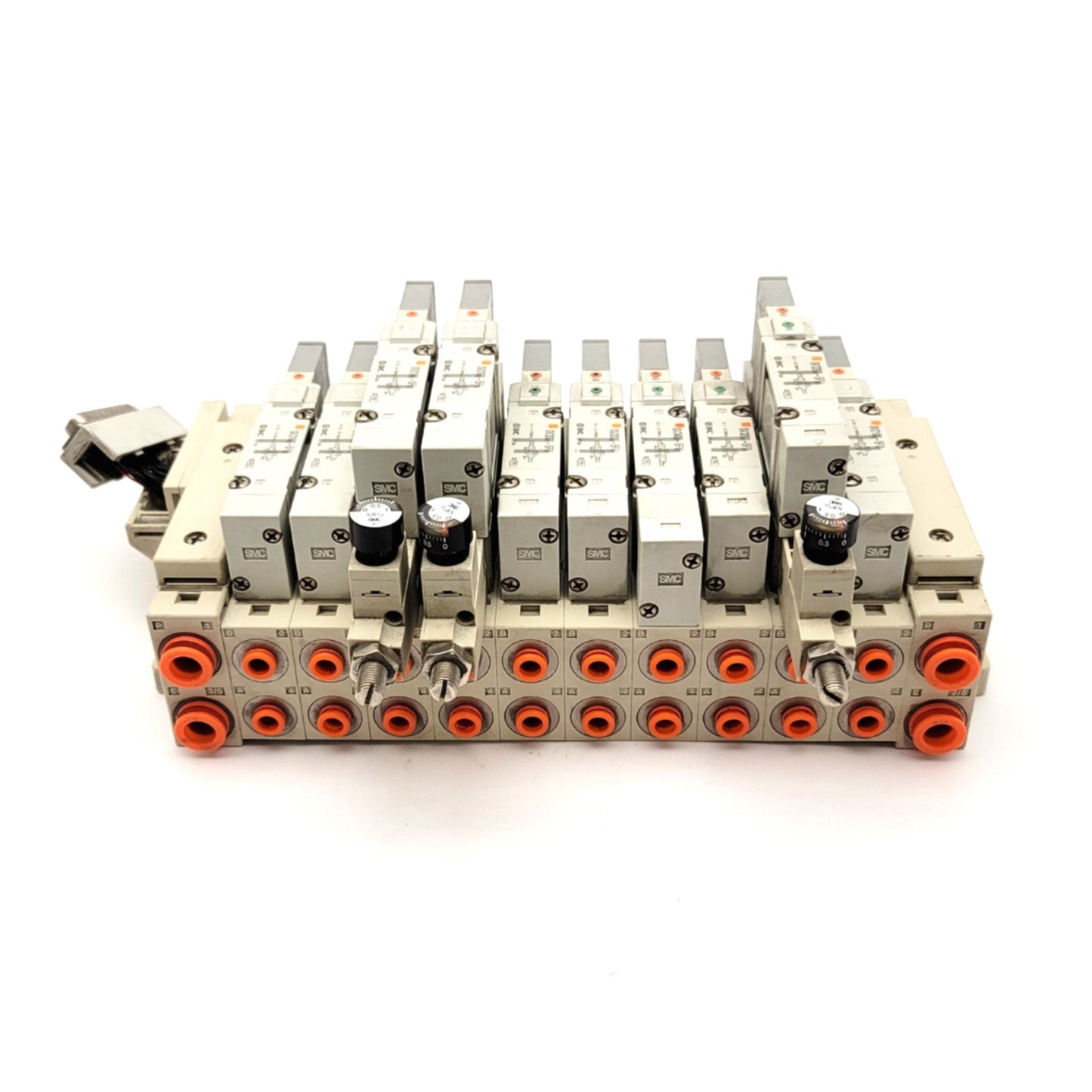 Used SMC Manifold With 10x 5-Port Solenoid Valves And 3x Interface Regulators