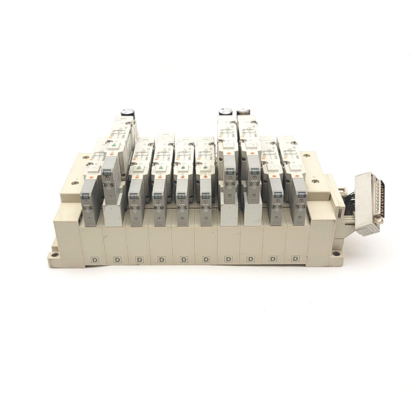 Used SMC Manifold With 10x 5-Port Solenoid Valves And 3x Interface Regulators