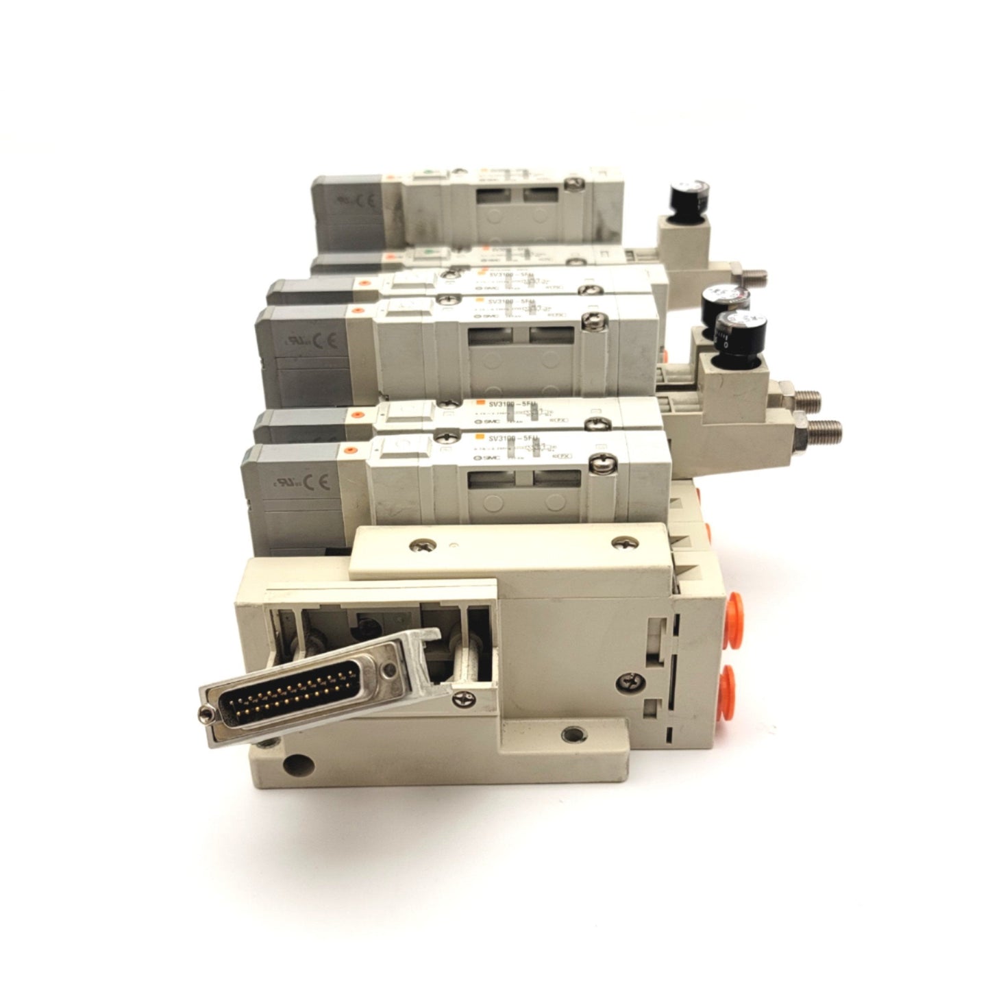 Used SMC Manifold With 10x 5-Port Solenoid Valves And 3x Interface Regulators