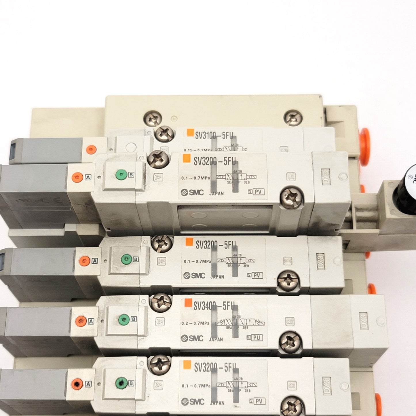 Used SMC Manifold With 10x 5-Port Solenoid Valves And 3x Interface Regulators