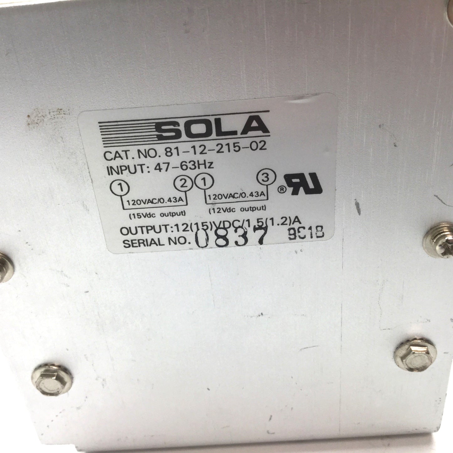 Used Sola 81-12-215-02 Power Supply, Input: 120VAC 0.43A, Output: 12/15VDC 1.5/1.2A