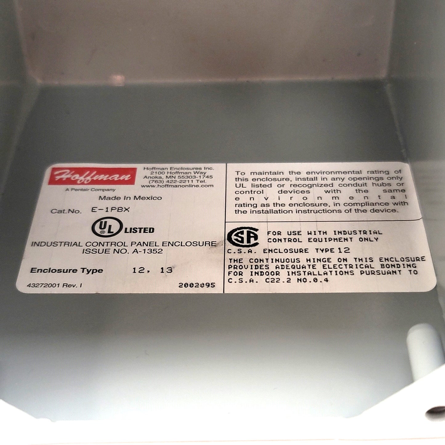 Used Hoffman E-1PBX Push-Button Enclosure 4"(L) x 4"(W) x 4-3/4"(D), NEMA 12, IP65