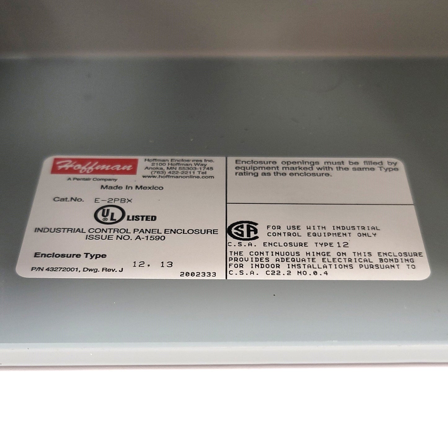 Used Hoffman E-2PBX Push-Button Enclosure 6"(L) x 4"(W) x 4-3/4"(D), NEMA 12, IP65