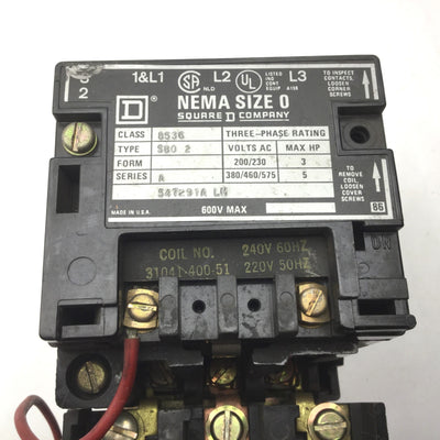 Used Square D 8536 SB02 Ser A Motor Starter Contactor 3-Pole Size 0, 3 Phase, 5hp Max