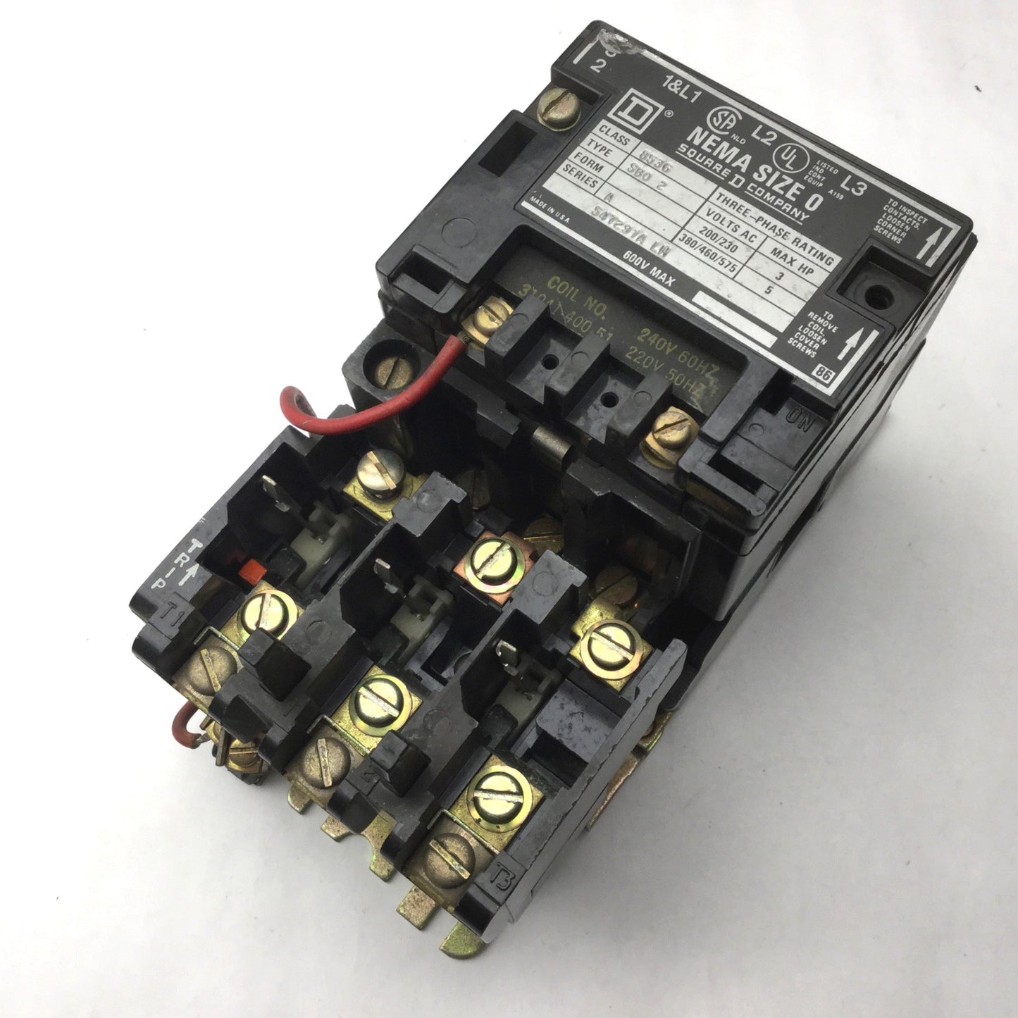 Used Square D 8536 SB02 Ser A Motor Starter Contactor 3-Pole Size 0, 3 Phase, 5hp Max