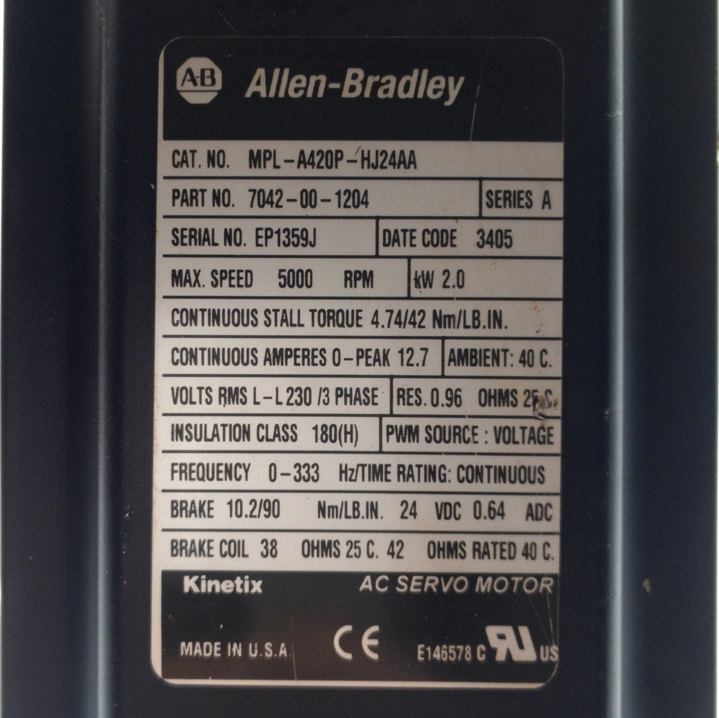 Used Allen Bradley MPL-A420P-HJ24AA Servo Motor 2kW 42lb-in 5000RPM 3PH 230VAC 12.7A