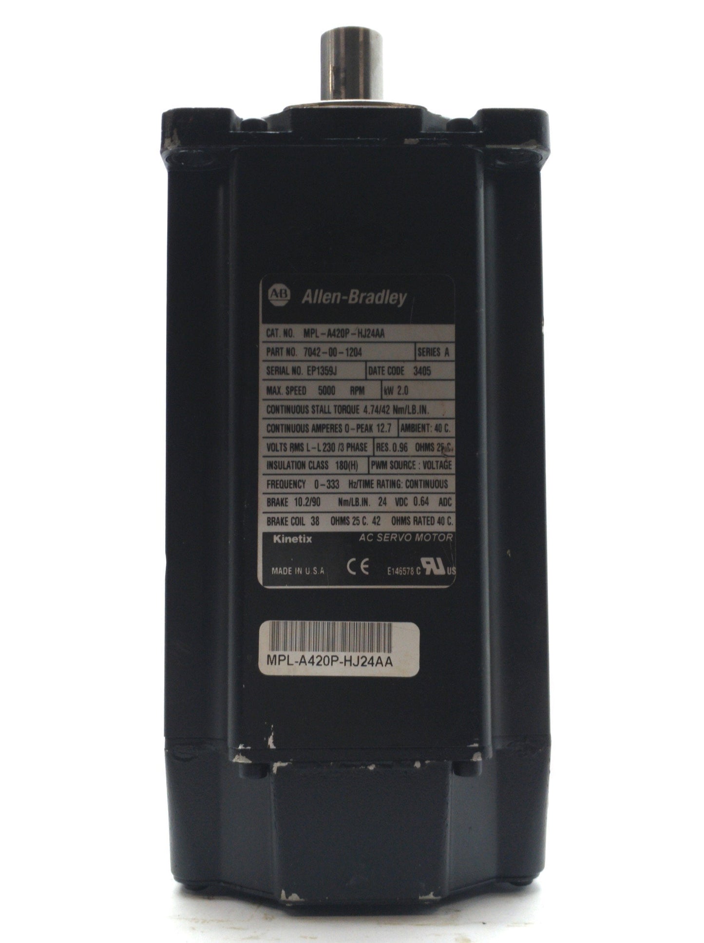 Used Allen Bradley MPL-A420P-HJ24AA Servo Motor 2kW 42lb-in 5000RPM 3PH 230VAC 12.7A