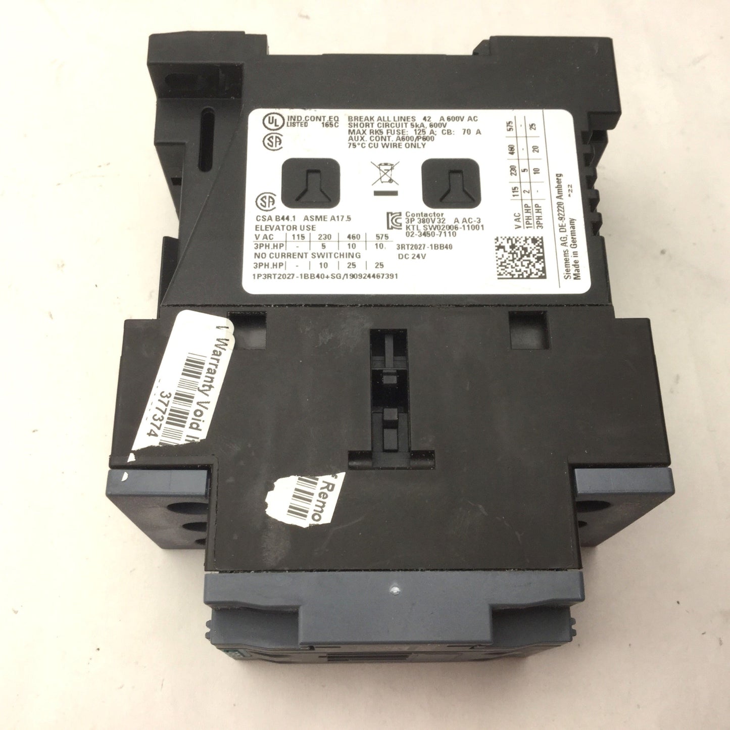 Used Siemens 3RT2027-1BB40 Sirius Power Contactor, 600VAC, 32A, 3-Pole, 25hp