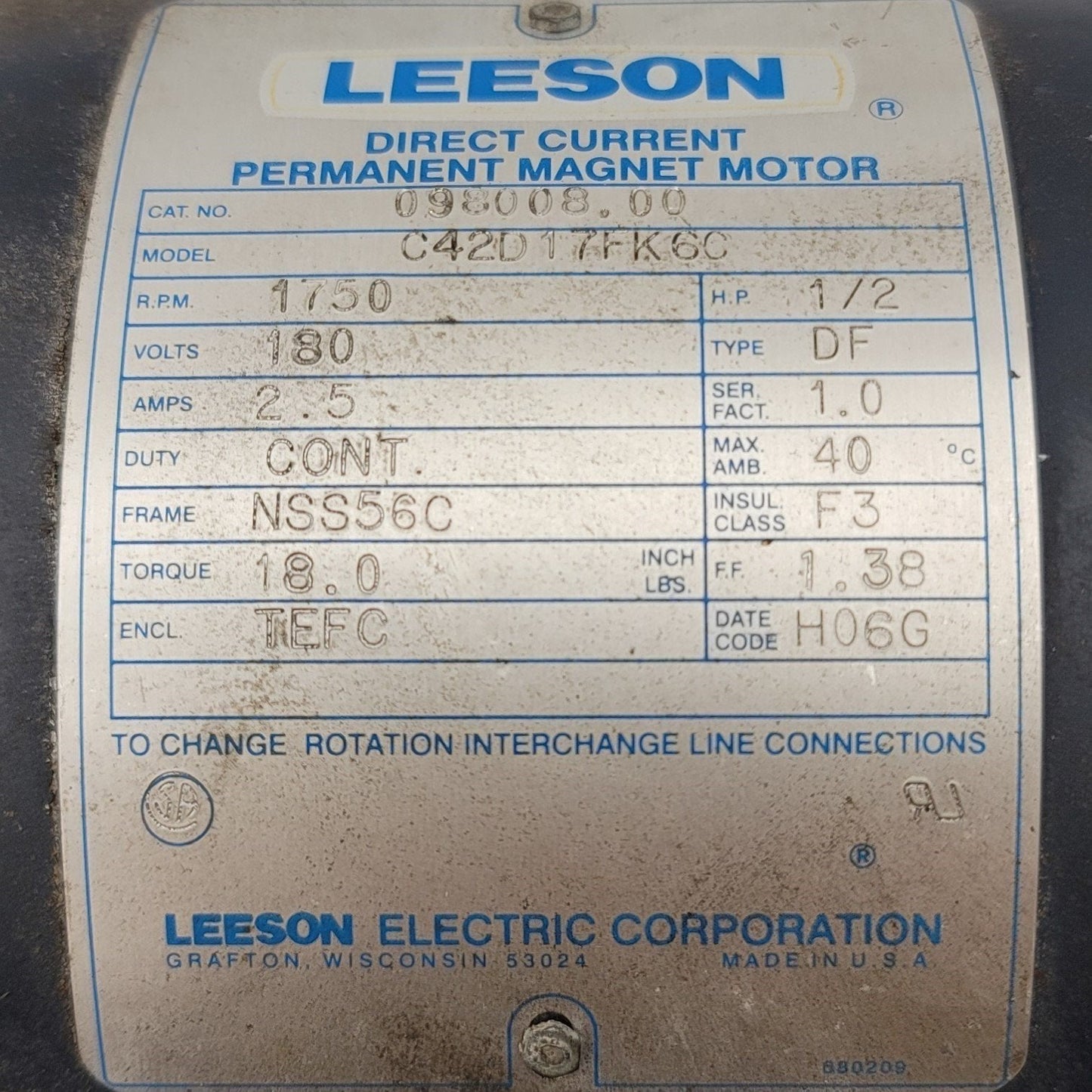 Used LEESON C42017FK6C DC Permanent Magnet Motor 1/2HP, 180VDC, 56C Frame, 1,750RPM